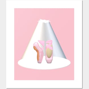 Ballet Pointe Shoes in Spotlight on Stage (Pink Background) Posters and Art